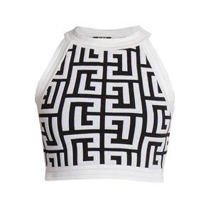 NWT Balmain Women’s Cropped Knit Monogram Tank Top Noir Blanc